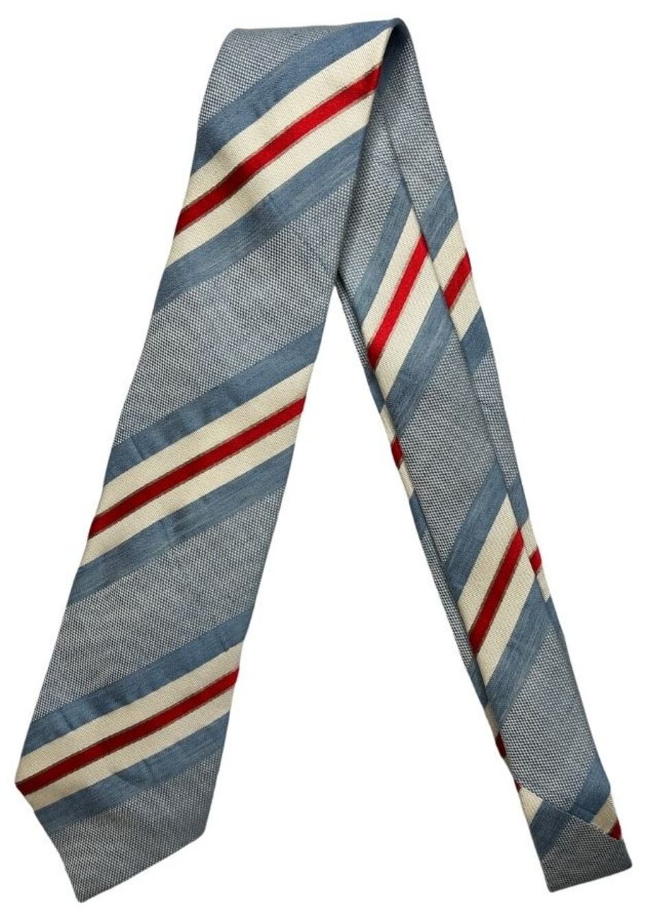 5-98 CHANEL Handmade Cotton Linen Silk Tie Striped Light Blue